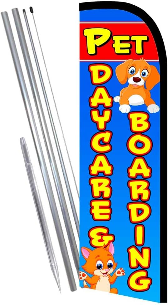 Pet Daycare & Boarding Premium Windless Feather Banner Flag Kit (Flag, Pole, & Ground Mt)