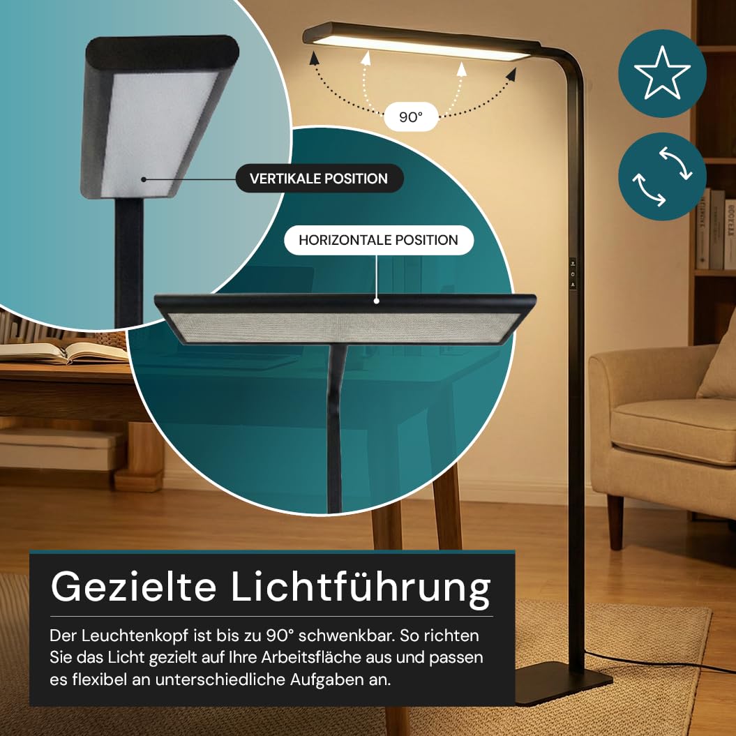 LUXULA LED Büro-Stehleuchte dimmbar, 60 W 3500 lm, 4000K Neutralweiß, Up/Downlight, UGR<16, CRI98, Touchbedienung, blendfreies Licht, Monitor, Büro, Arbeitszimmer, Homeoffice, modernes Design, Schwarz