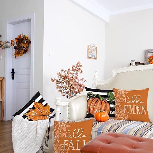 Miniatura 8 de Juego de 4 fundas de almohada decorativas de otoño de 20 x 20 pulgadas, diseño de rayas de hojas de arce con diseño de calabaza de Hello para