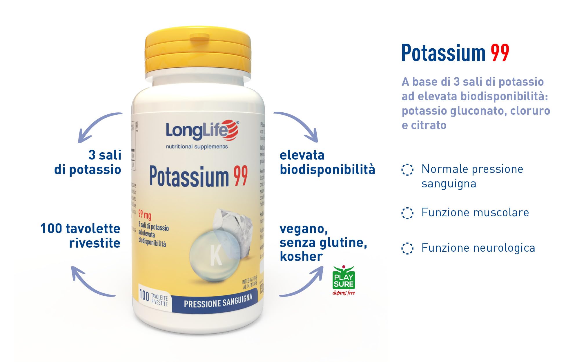 LongLife® Potassium 99 | 3 sali di potassio | Ad alta biodisponibilità | 100 tavolette rivestite | Pressione sanguigna, funzione muscolare e neurologica | Vegano e senza glutine