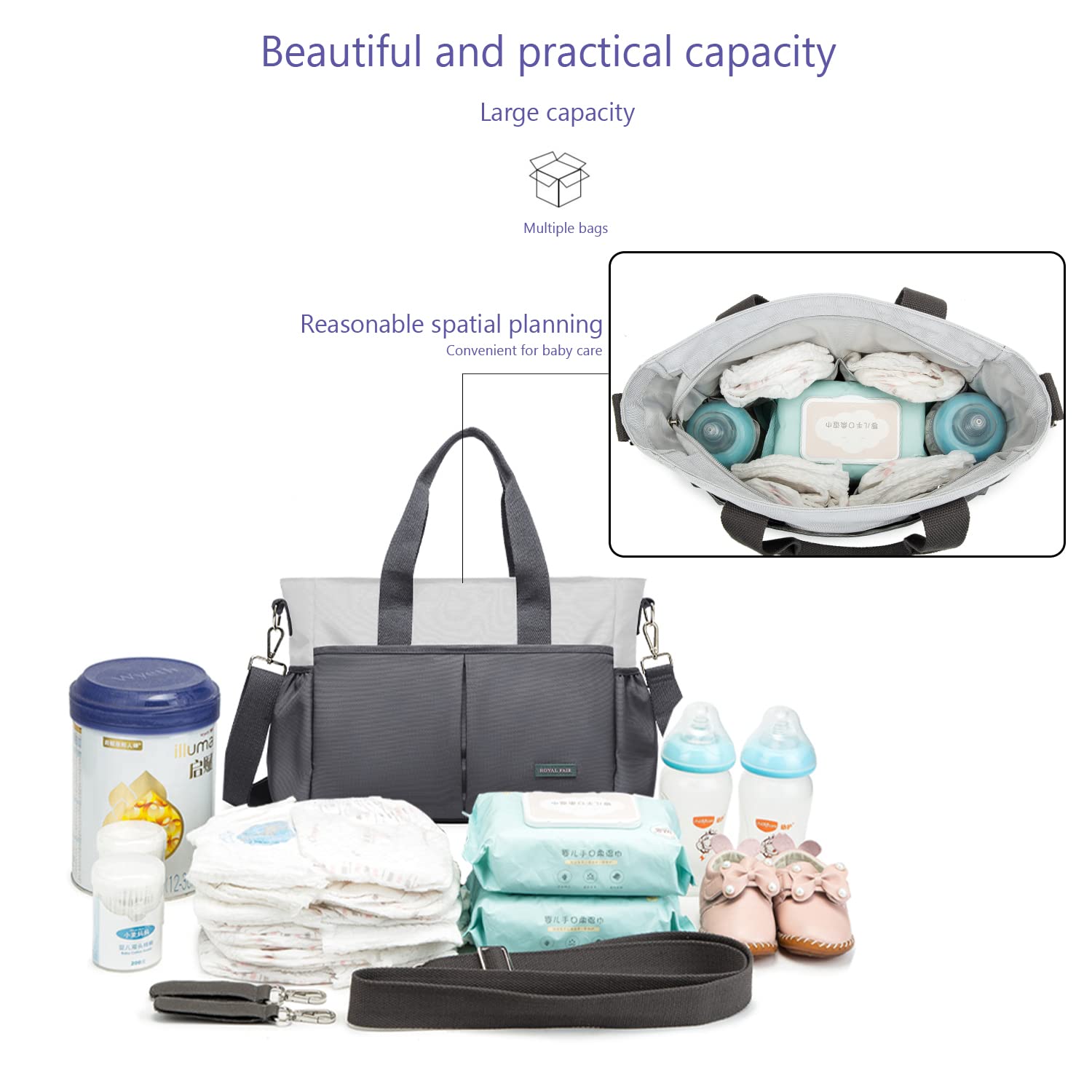 ROYALFAIR Baby Wickeltasche Klein für Unterwegs Reise Wickeltasche Bote Messenger mit Isoliertasche und Befestigungshaken (40 x 28 x 12.8 CM, Grau)