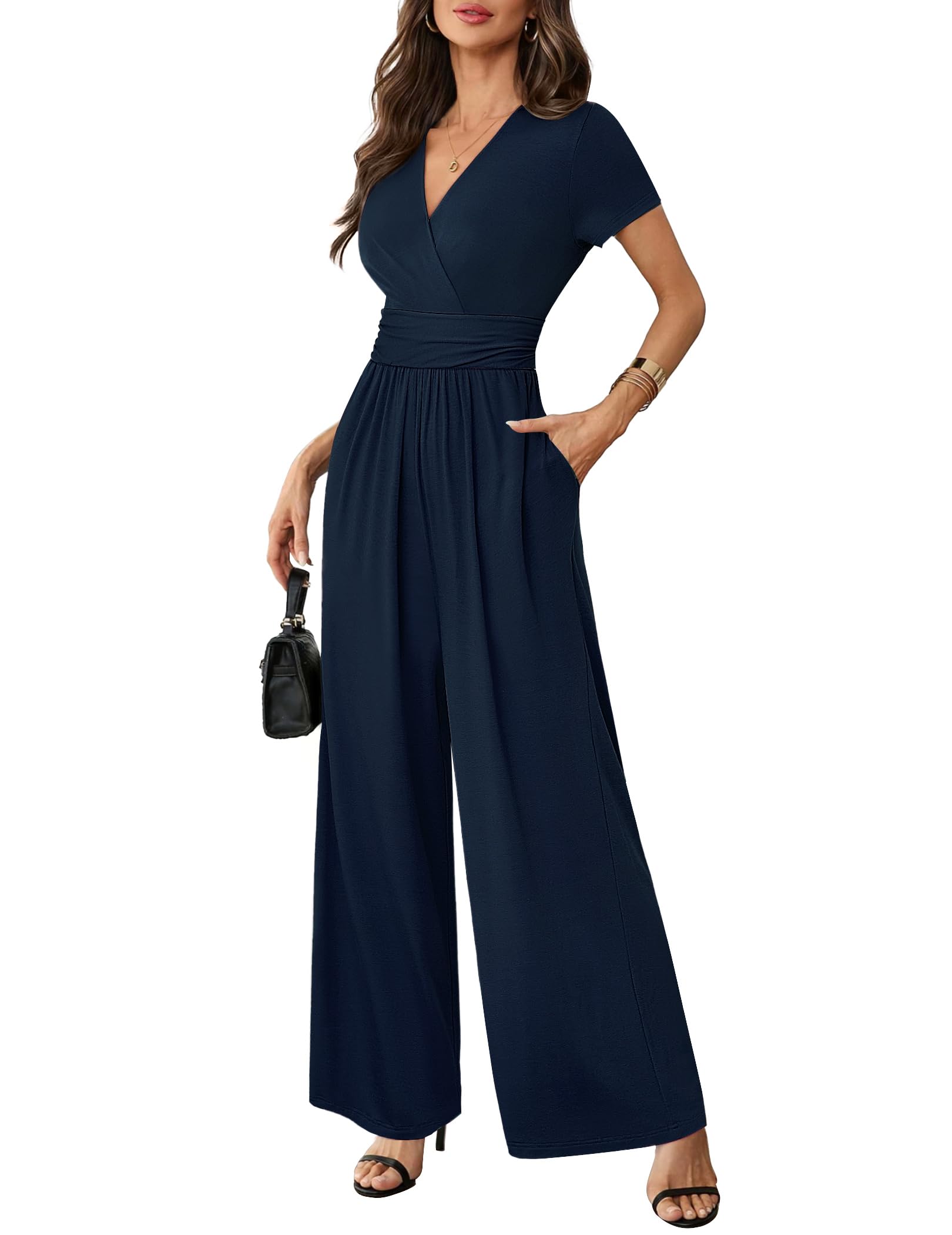 LOOKBOHOWomen Dressy Casual Jumpsuits Elegant High Waist Side Ruched Romper Summer Short Sleeves Wide Leg Pants