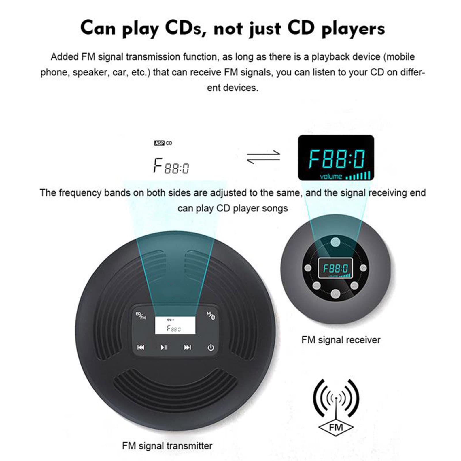 Lecteur CD Portable Walkman - Bluetooth - Antichoc - Batteries 1800 mAh - Casque - Câble de Charge USB - FM Function
