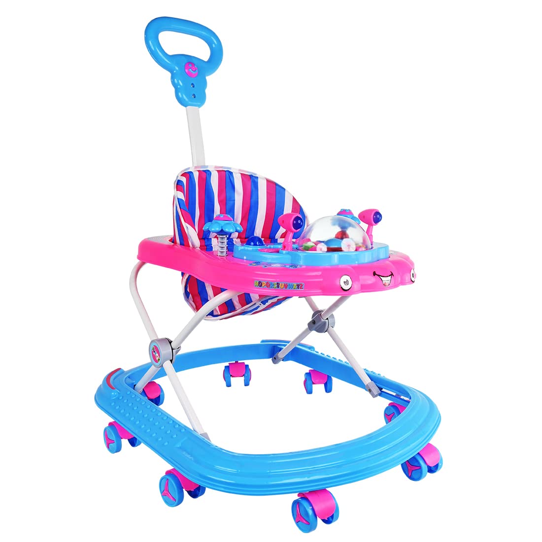 KURB Donut Baby Walker 6-18 Months | Height Adjustable Walker| Push Handle | Folding with Double Padded Seat | for Boys & Girls | Walker with Recreational Tray (BluePink)