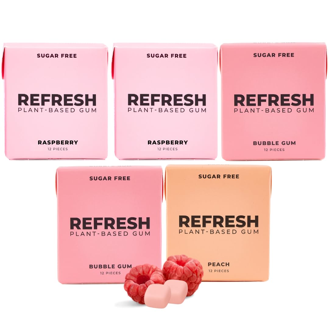 Refresh Gum, Xylitol, Natural, Sugar Free, Chewing Gum, Plastic Free, Natural Flavors & Organic Ingredients, Non GMO, Gluten Free, Vegan, 12 Count (