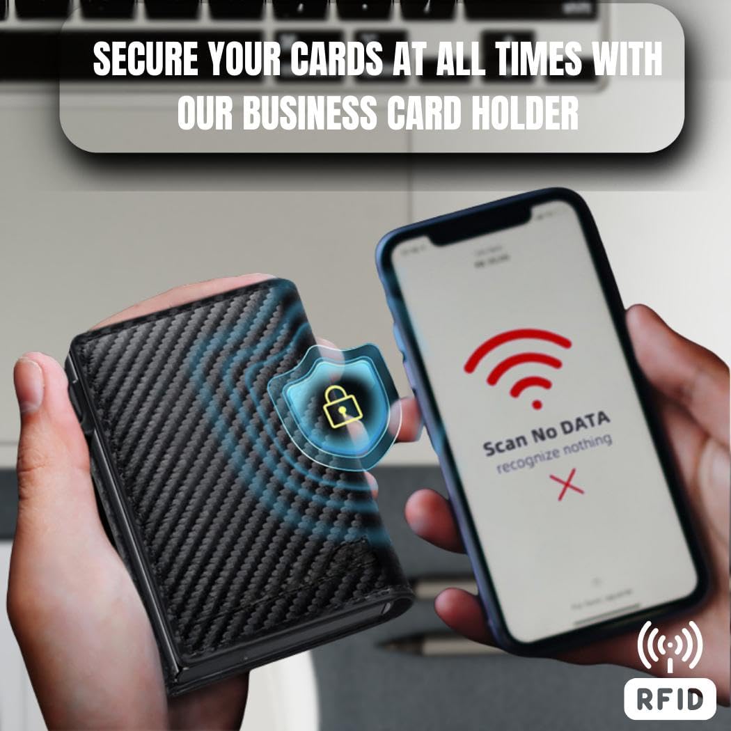 Mens Wallet Card Holder, RFID Blocking, Pop-Up Aluminum Card Case, Slim, Microfiber Leather (Black) | ID Window & Cash Slot | Minimalist Front Pocket Design – 8–14 Cards – Gift Box - Image 3