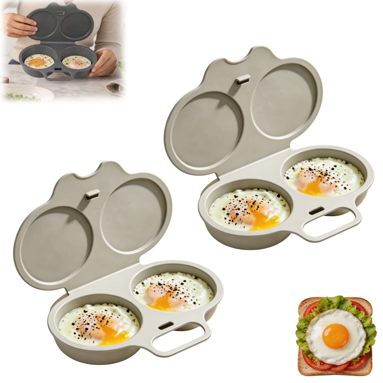 2Pcs Dual Cavity Microwave Egg Poacher With Lid & Handle, Gray