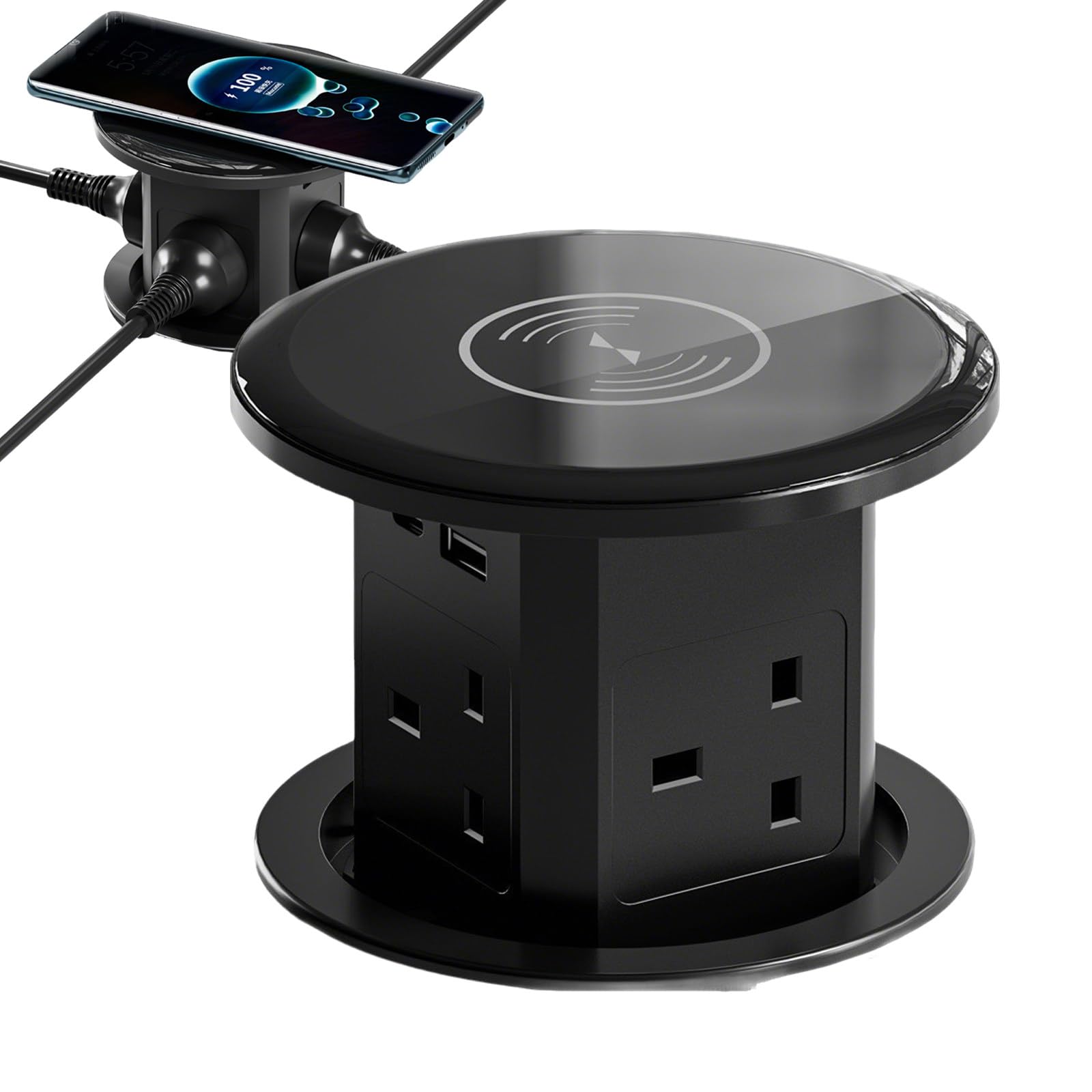 Presa Scomparsa Piano Lavoro Caricatore Wireless 15W 3.94 Pollici Multipresa Incasso 4 Prese Di Alimentazione Tipo C USB Salvaspazio for Cucina Ufficio Casa Tavolo Riunioni(Black)