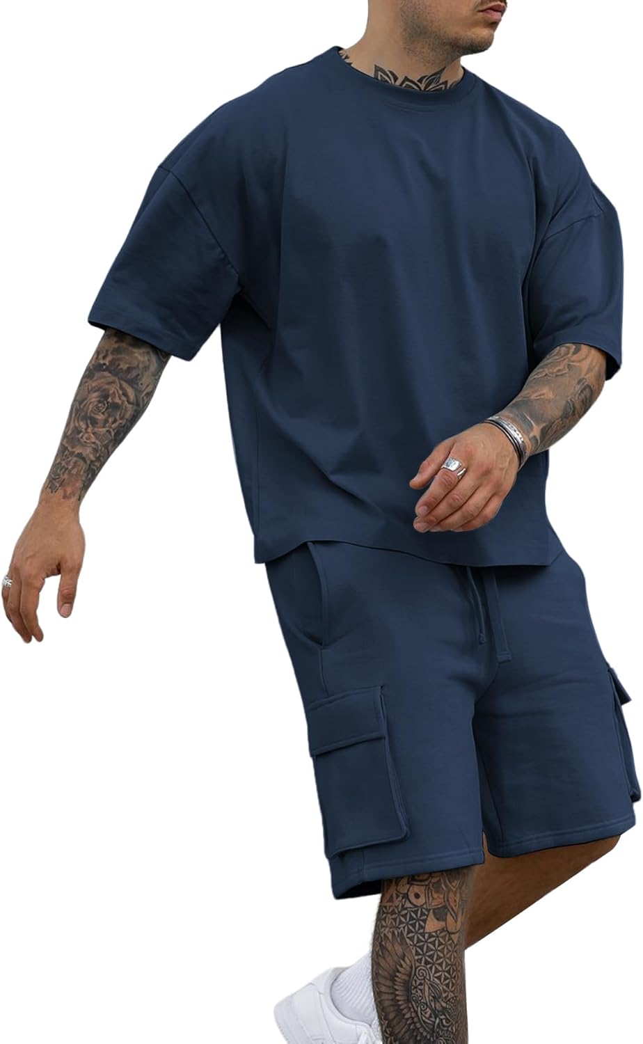 YawYews Men's 2 Piece Outfits Casual Tracksuit Cargo Shorts Summer Athletic Drop Shoulder Sleeve Sportwear Set