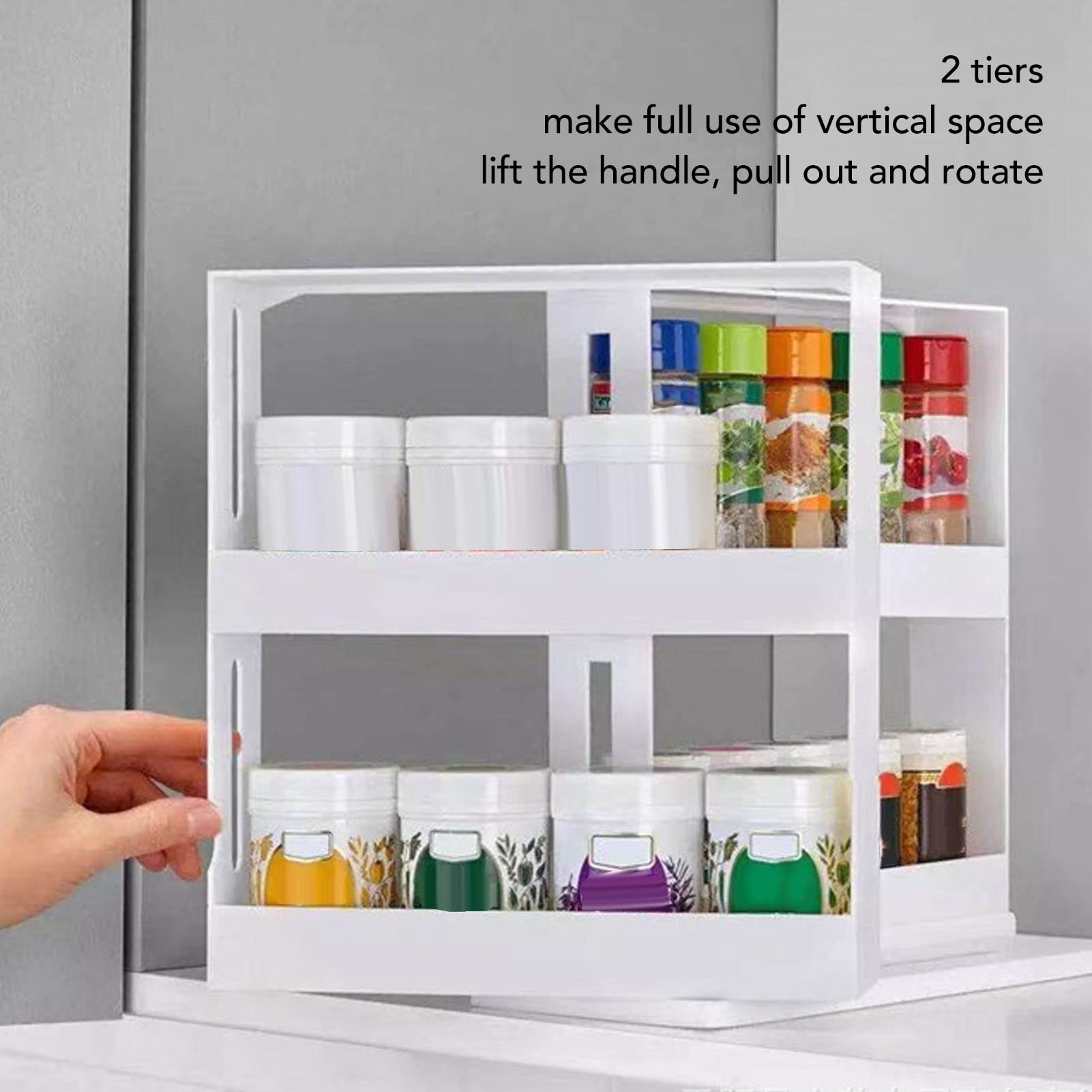 Rotating Spice Rack, Sliding Spice Rack Organizer 2 Tier Pull out Spice Rack for Medicine Cabinet Organizer