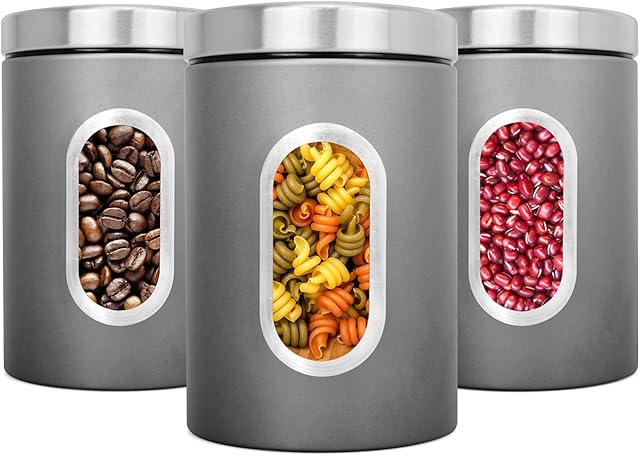 JENNIMER Canister Set of 3,Stainless Steel with Transparent Windows for Sugar Food Tea Coffee Candy Storage (Grey)