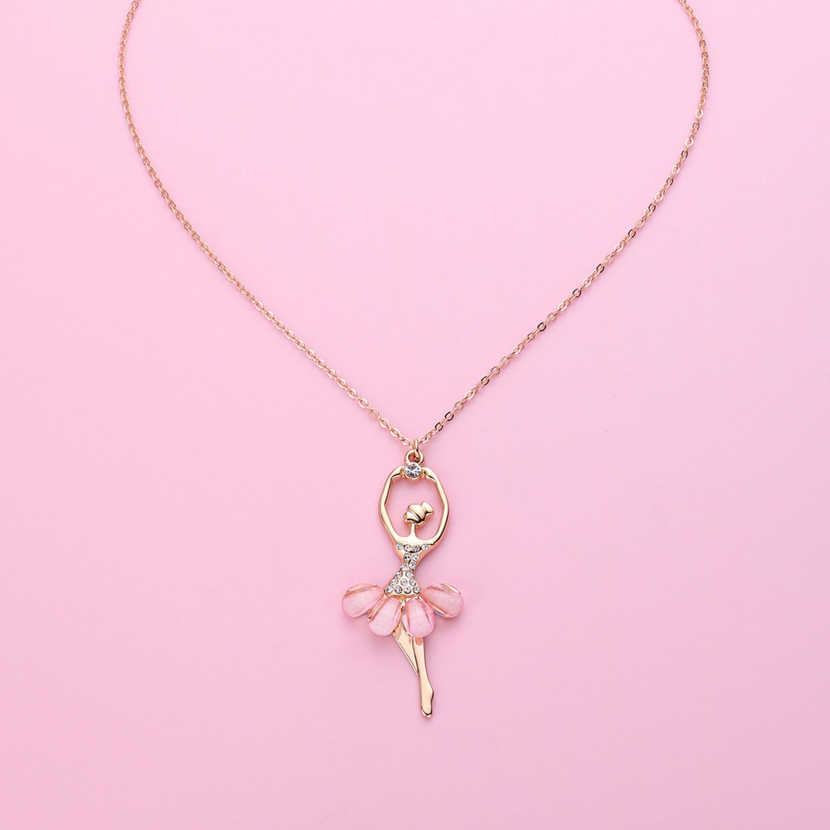 CERSLIMO Girls Necklaces - A Girl Dancing Ballet Dainty Necklace with White Cubic Zirconia & Pink Petal Skirt, Elegant Cute Necklace for Girls Kids Jewellery Gifts Birthday Christmas