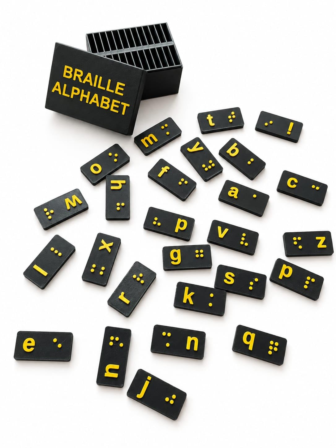 Braille Alphabet Learning Toy Set for Blind & Visually Impaired Kids, Tactile Braille Letter Cards with Storage Box, Montessori Sensory Educational Toy, Orange (Low-Case Black/Yellow)