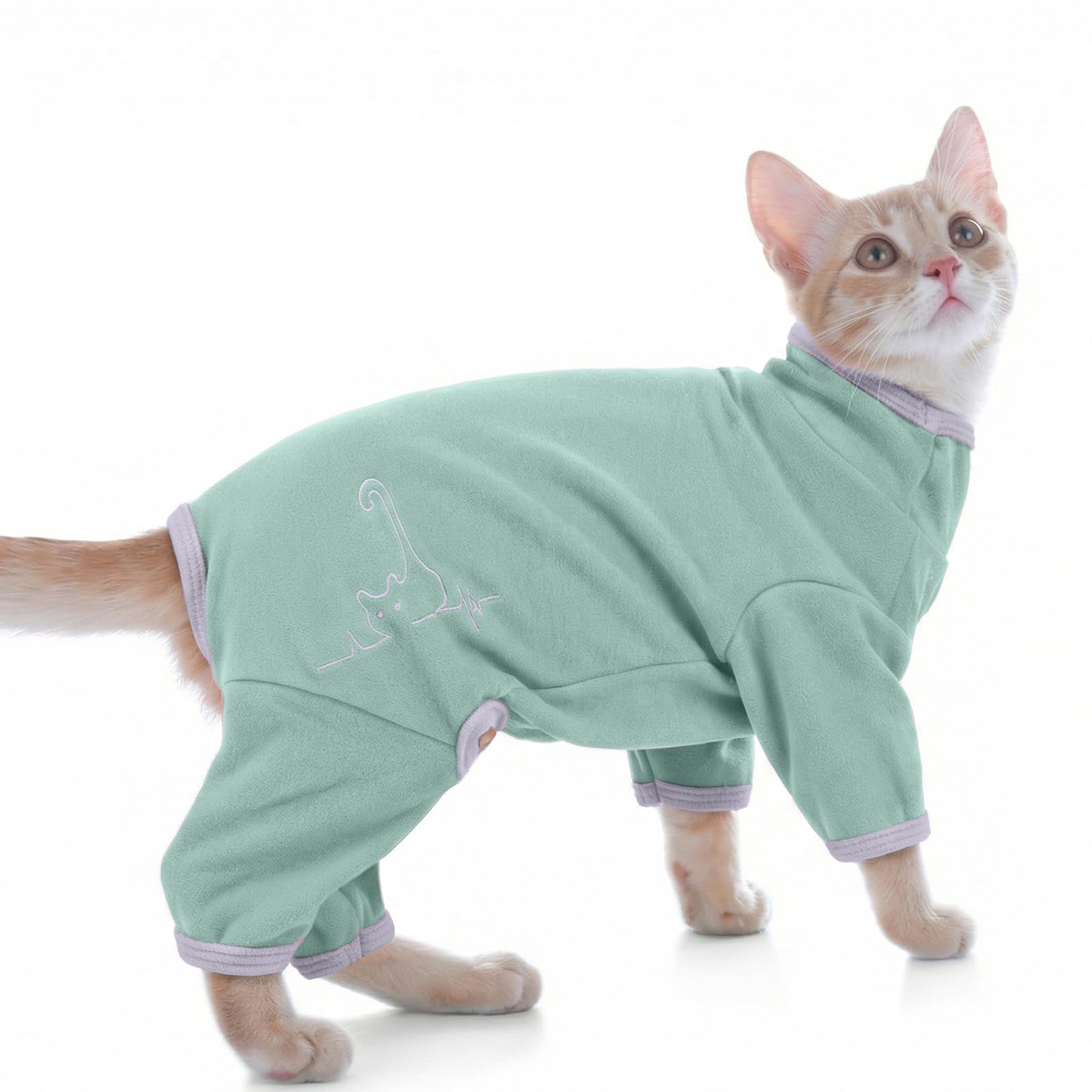 Cat Coat, Fleece Jumper Post Surgery Suit Cat Vest Body Suit with Legs Onesie after Surgery(Bean Green, M)