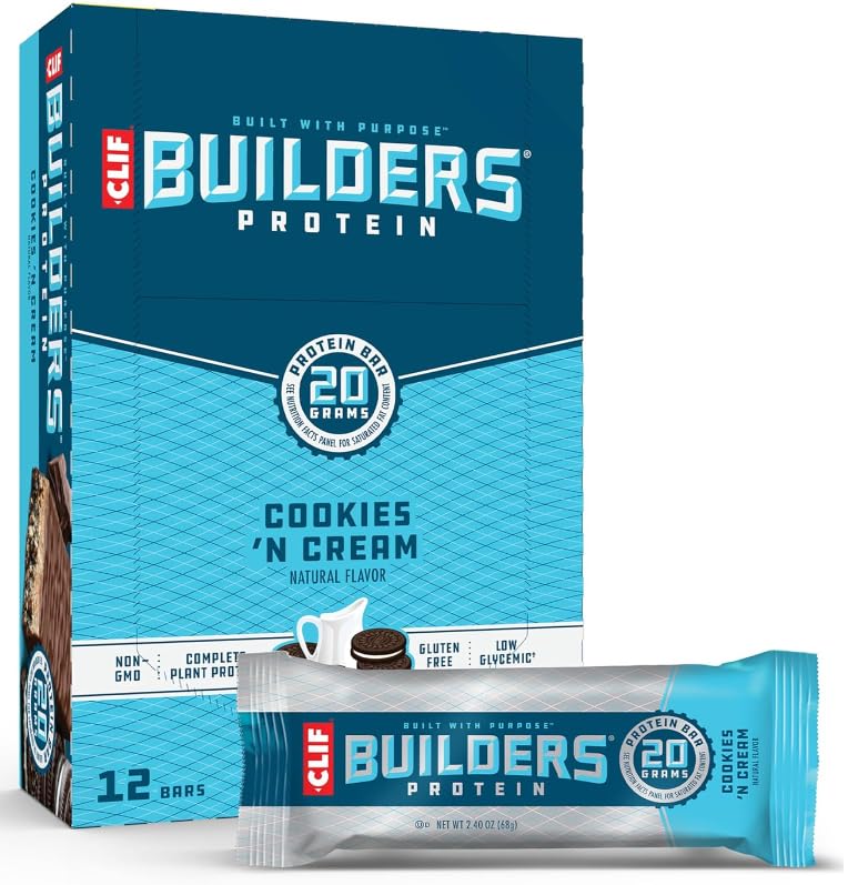 Clif Builders Protein Cookies and Cream Flavor Bars, Gluten-Free, Non-GMO, Low Glycemic, 20g Protein (In NEYUM Packaging & Sticker) (12 Bars)
