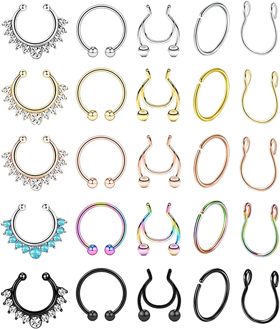 YOVORO 25Pcs Stainless Steel Fake Nose Ring Hoop for Men Women Faux Lip Ear Septum Ring Non-Pierced Body Jewelry
