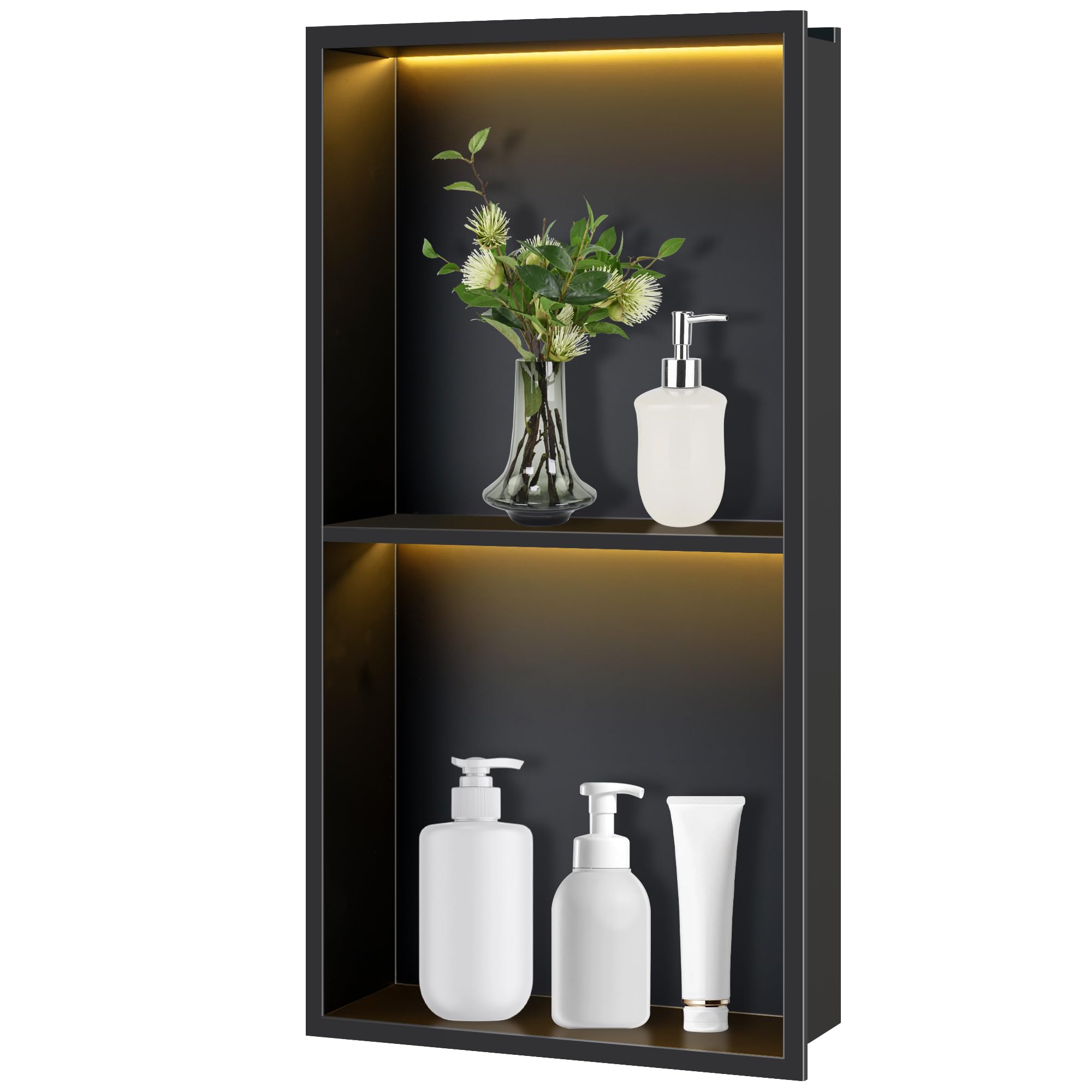 FTL LED Shower Niche Matte Black,30 x 60 cm Stainless Steel Shower Niche with 3000K Non-Dimmable LED light,Double Layer No Tile Needed Lighted Niche for Shower Wall,Wall Insert Lighted Bathroom Niche