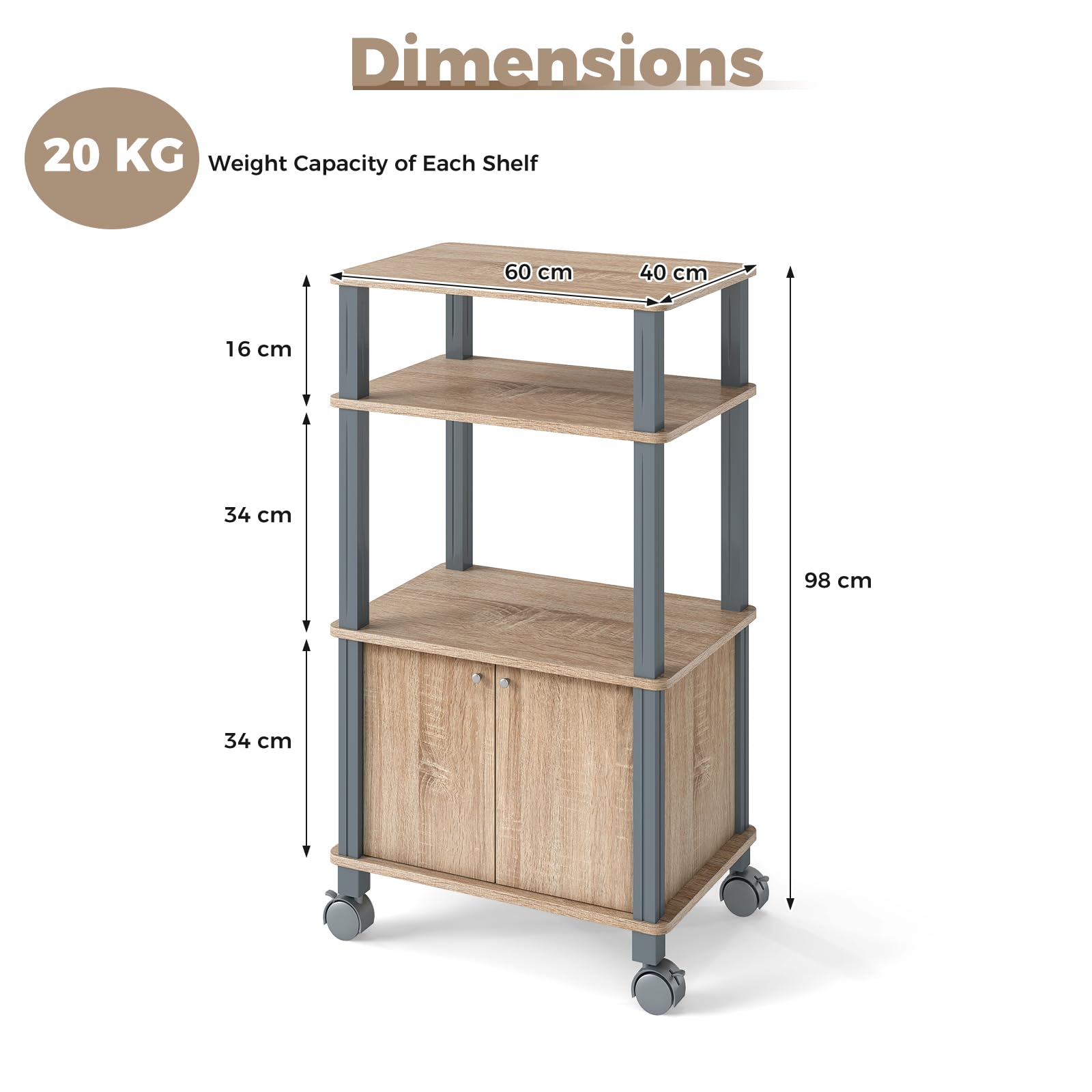 KOMFOTTEU Carrello da Cucina a 3 Livelli per Microonde, Carrello Portaoggetti con Ruote e Armadio con Porta, Carrello di Servizio in Legno, Organizer per Sala da Pranzo, 60 x 40 x 98 cm (Naturale)