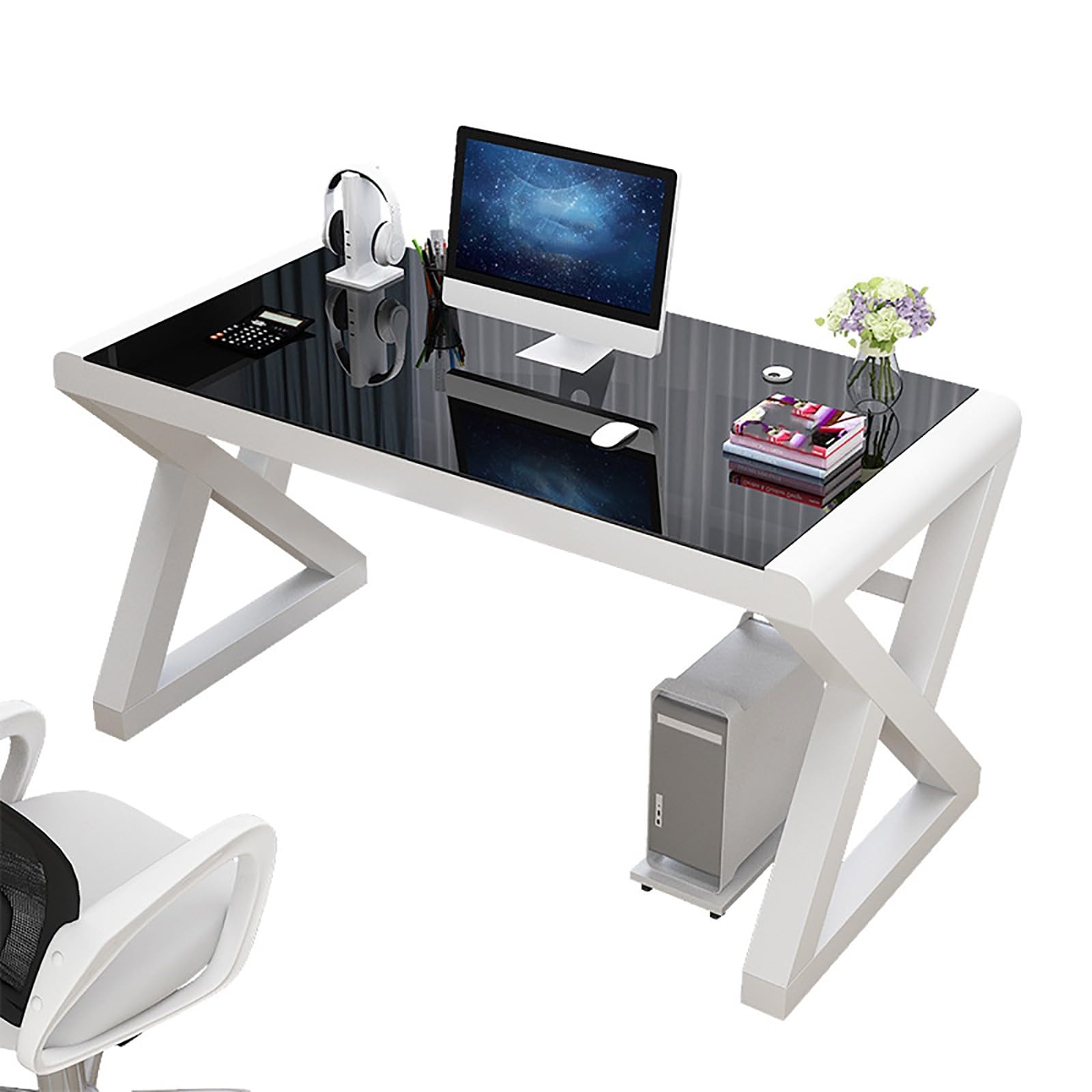 SXZenSpace Computer Desk, Game Home Modern Simple Study Glass Writing Multi-Function Workstation, Metal Frame A,80CM