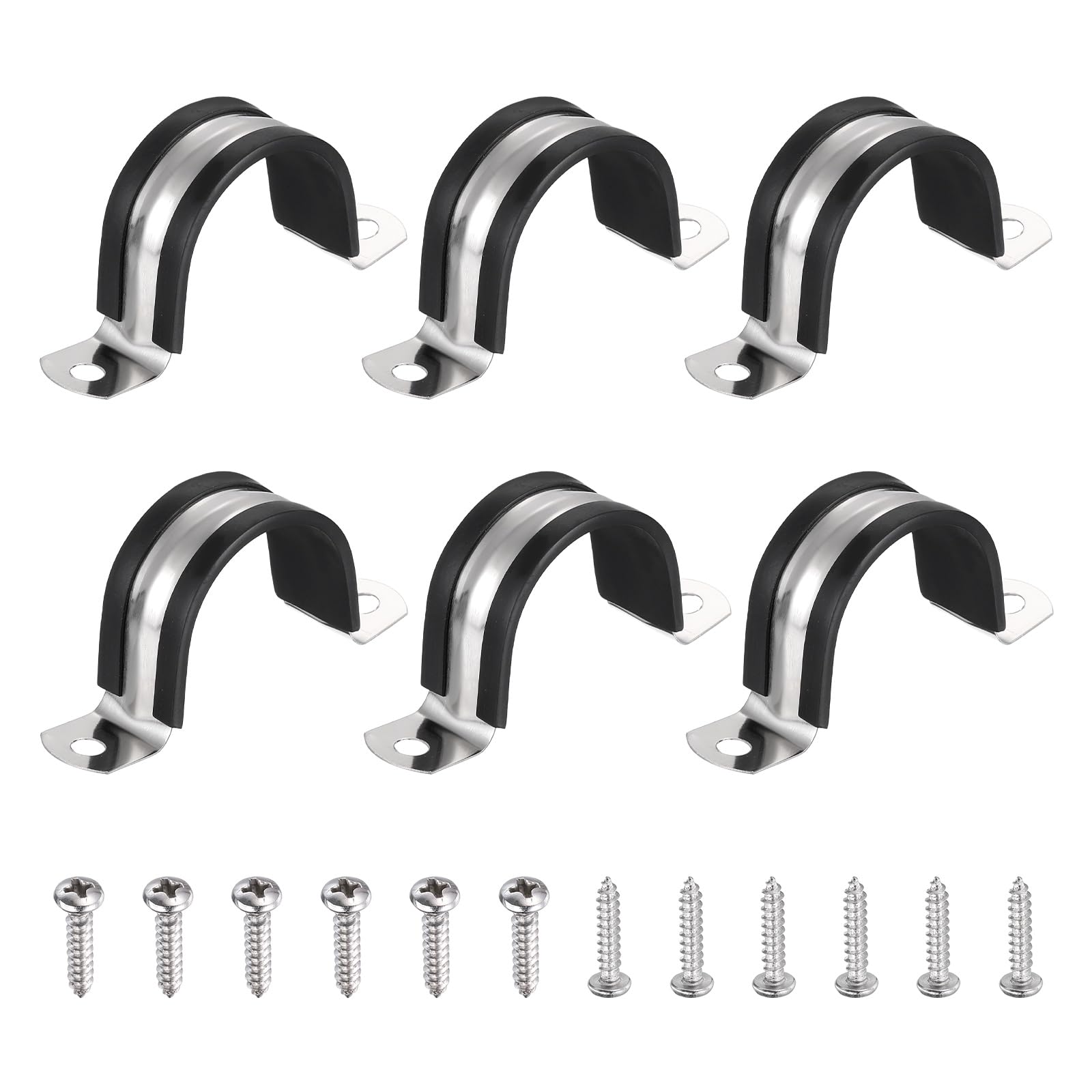 sourcing map 6Pcs 38mm Pipe Clips, 304 Stainless Steel Rubber Coated Cushion Pipe Strap Clamp U-Shaped Bracket with M3x138mm Screws for Tube Hose Cable Installation, Black