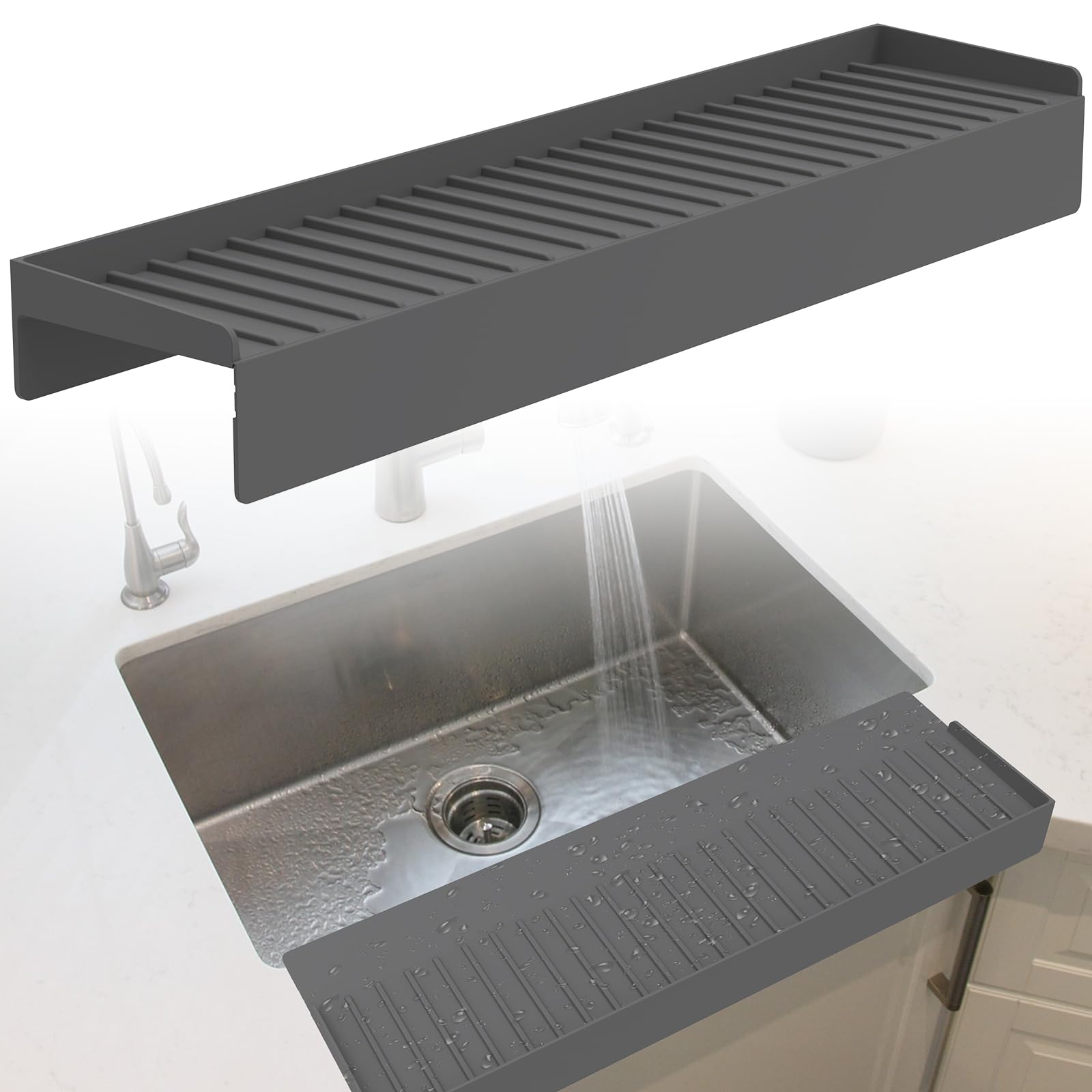 Protecteur Bord Évier Silicone Gris 50,8x10,5x5 Cm - Anti-Éclaboussures Et Anti-Chocs Pour Cuisine Et Baignoire