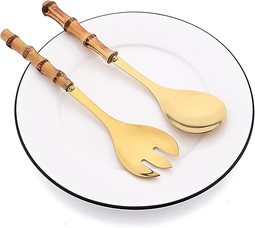 Miniatura 3 de Juego de 4 utensilios para servir con mango de bambú, cuchara larga de acero inoxidable 304, tenedor para cocina, bufé, restaurante, boda, fiesta,