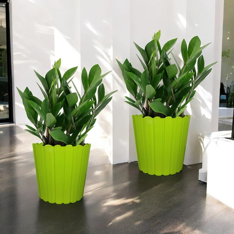 Image of GARDENS NEED 12 Inches Thai Round Flower Pot | Set of 2 | Lemon Green | Plastic Planter Pots for Indoor & Outdoor Home, Office & Balcony Decoration