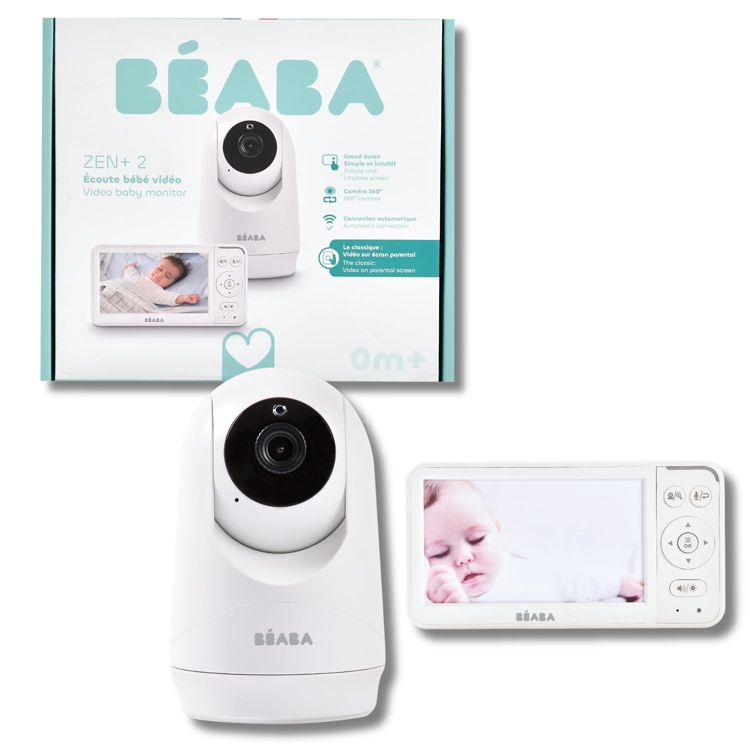 BÉABA, Babyphone Camera Zen Plus 2 – Caméra Rotative 360°, Écran 5 Pouces HD, Vision Nocturne, Talkie-Walkie, Thermomètre, 8 Berceuses, Portée 300m, Autonomie 20h, 4 Caméras Connectables, Blanc