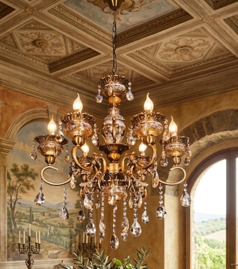 Image of Sanleen 6 Light Glass Candle Chandelier - 24 Inch Antique Modern Contemporary Ceiling Hanging Light, Luxury Jhumar for Living Room, Dining Room & Home Decor Lighting (Bulb Included)(Design 4)