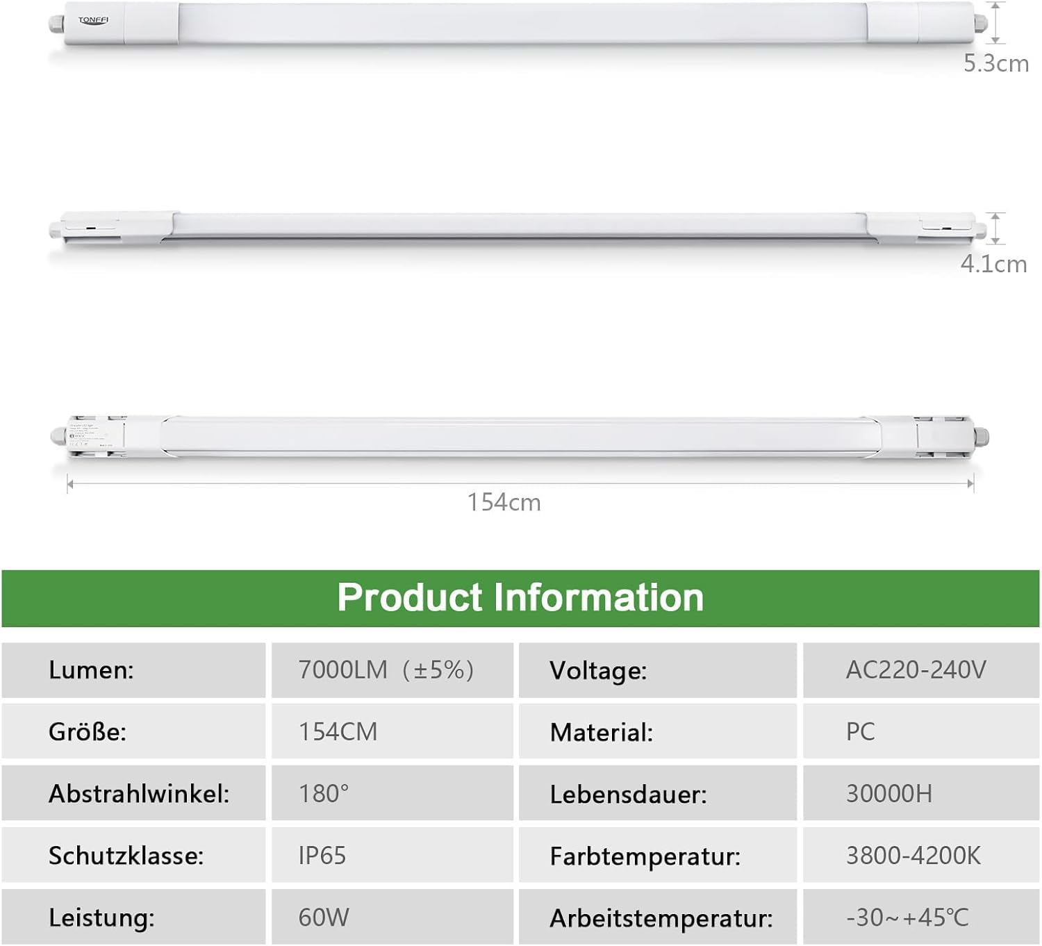 TONFFI LED Feuchtraumleuchte 150CM, 4000K Neutralweiß Verknüpfbar LED Deckenleuchte Röhre 60W, IP65 Wasserfest Wannenleuchte Werkstattlampe 7000LM für Keller Lager Garage Warenhaus