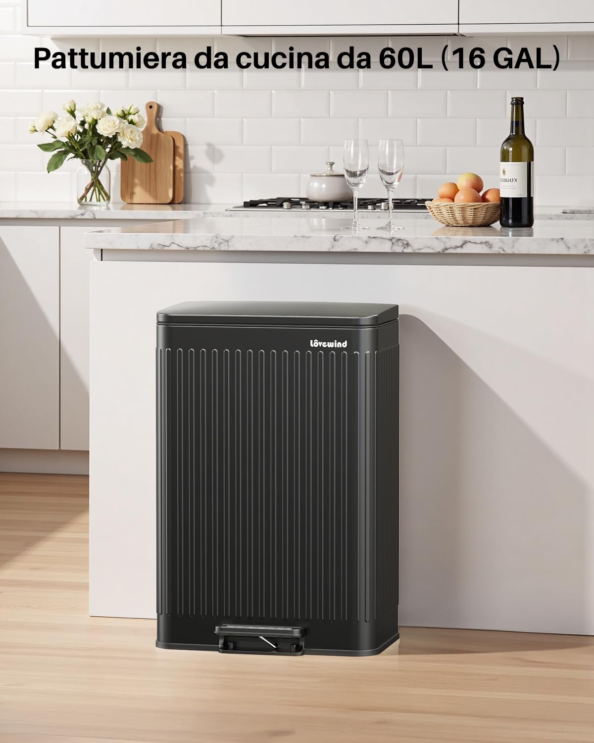 lovewind Bidone Spazzatura 60L Cucina Acciaio Inox Nero, Pedale con Chiusura Soft, Cestini Interni con Manici & Fissaggio Sacchetto, Design Romano, Anti-Odore, Facile Pulizia, Famiglia 3-6 Persone