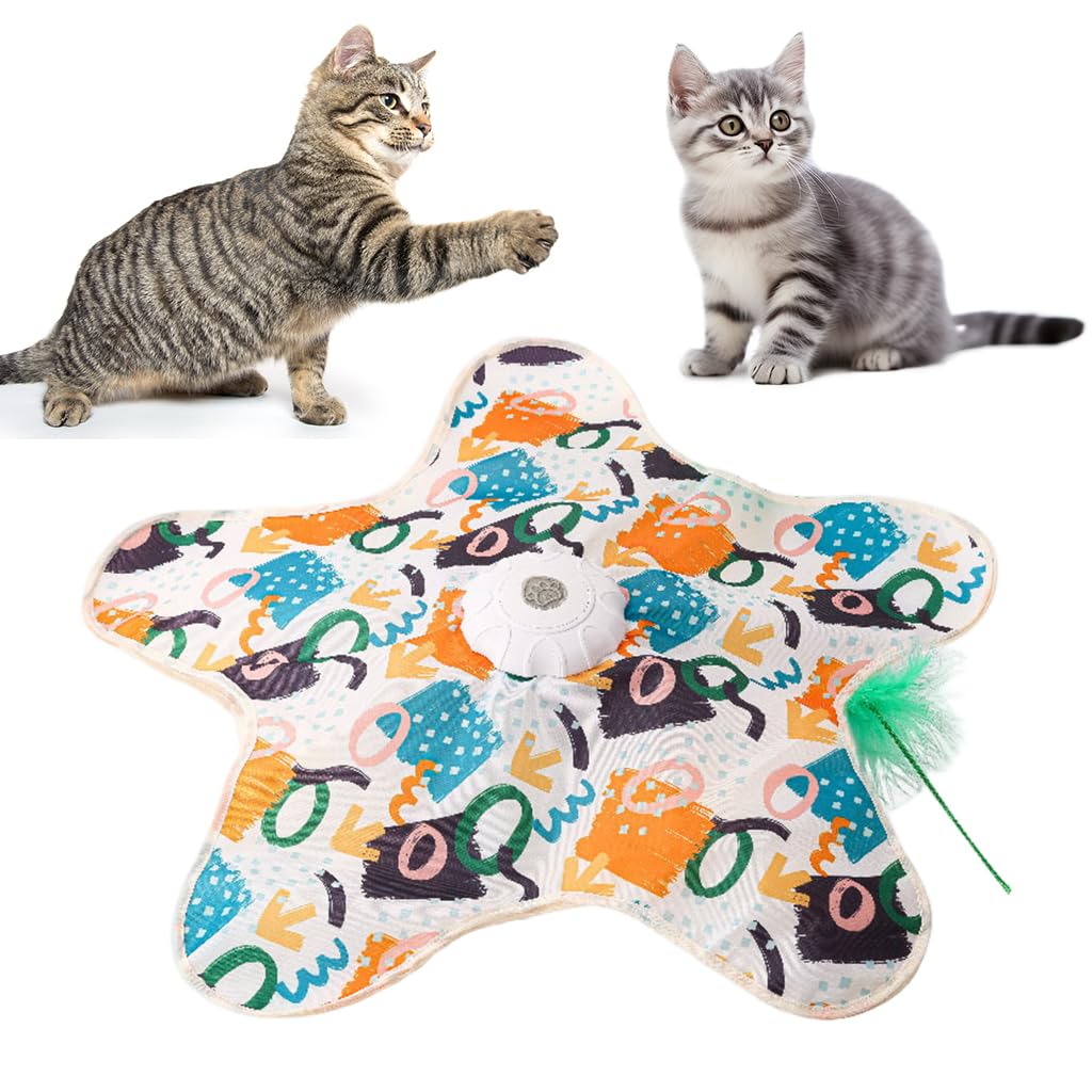 Qpets® Cat Toy with Hideaway Plush Cave, Automatic Rotating Feather & Butterfly Teaser, Motorized Indoor Cat Enrichment Toy with Pom-Pom Tails, Cozy Flower Mat, Battery Operated-image-10