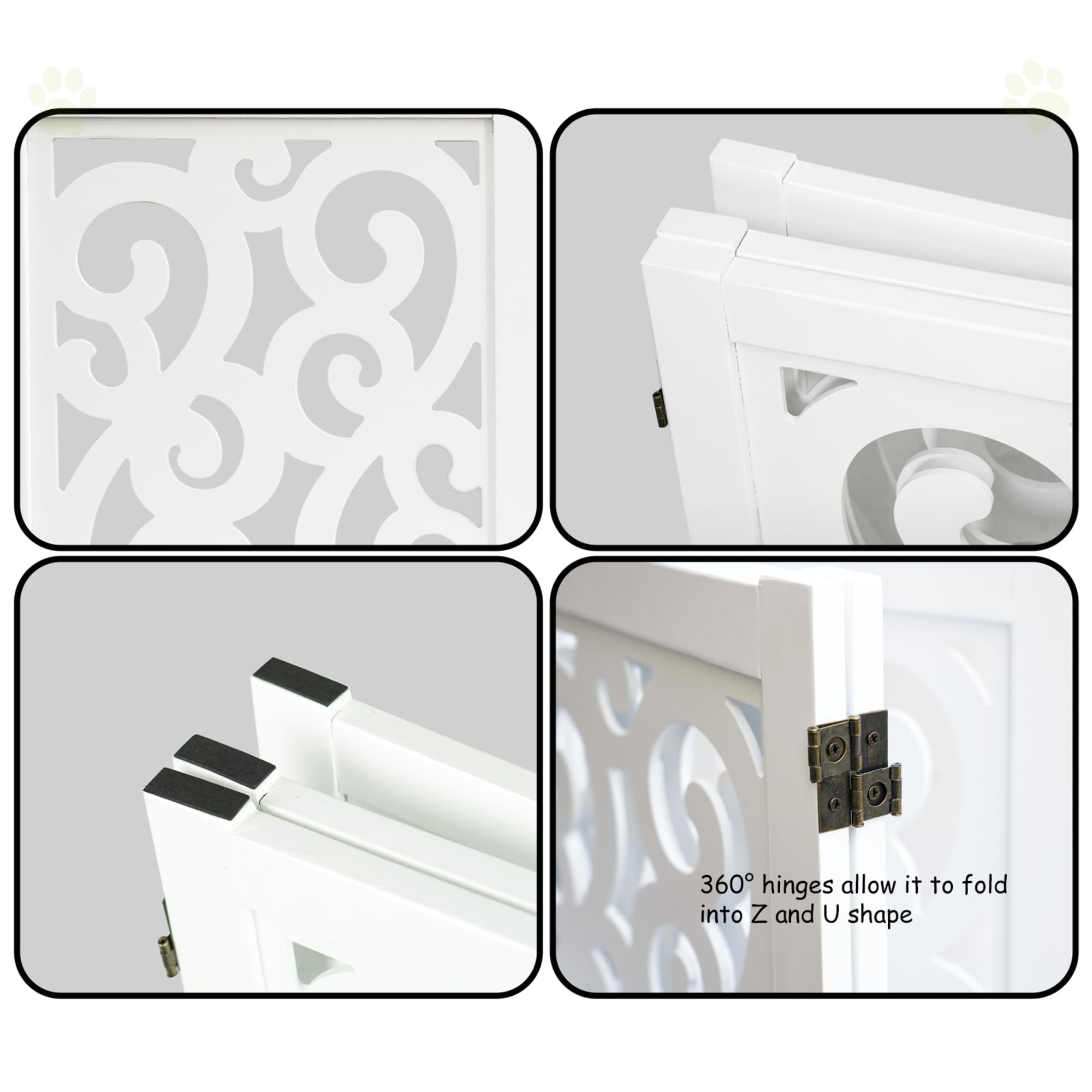 Ashfield & Harkness: 4-Panel Pet Gate - Scroll White - Wooden Foldable Freestanding Dog Fence, 80 x 23.5, Doorways-Halls-Stairs, 360 Rotated Hinges - 5