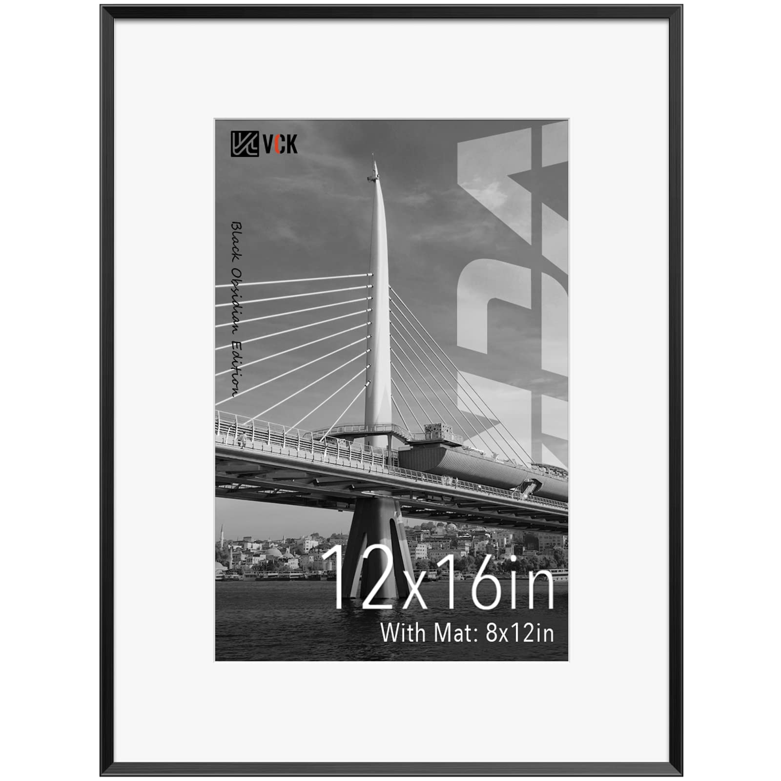 VCK 12X16 Aluminum Picture Frame Black with Mat for 8x12 or without Mat for 12x16, Metal 12x16 Poster Frame with High Definition Real Glass for Wall Gallery 1 Pack