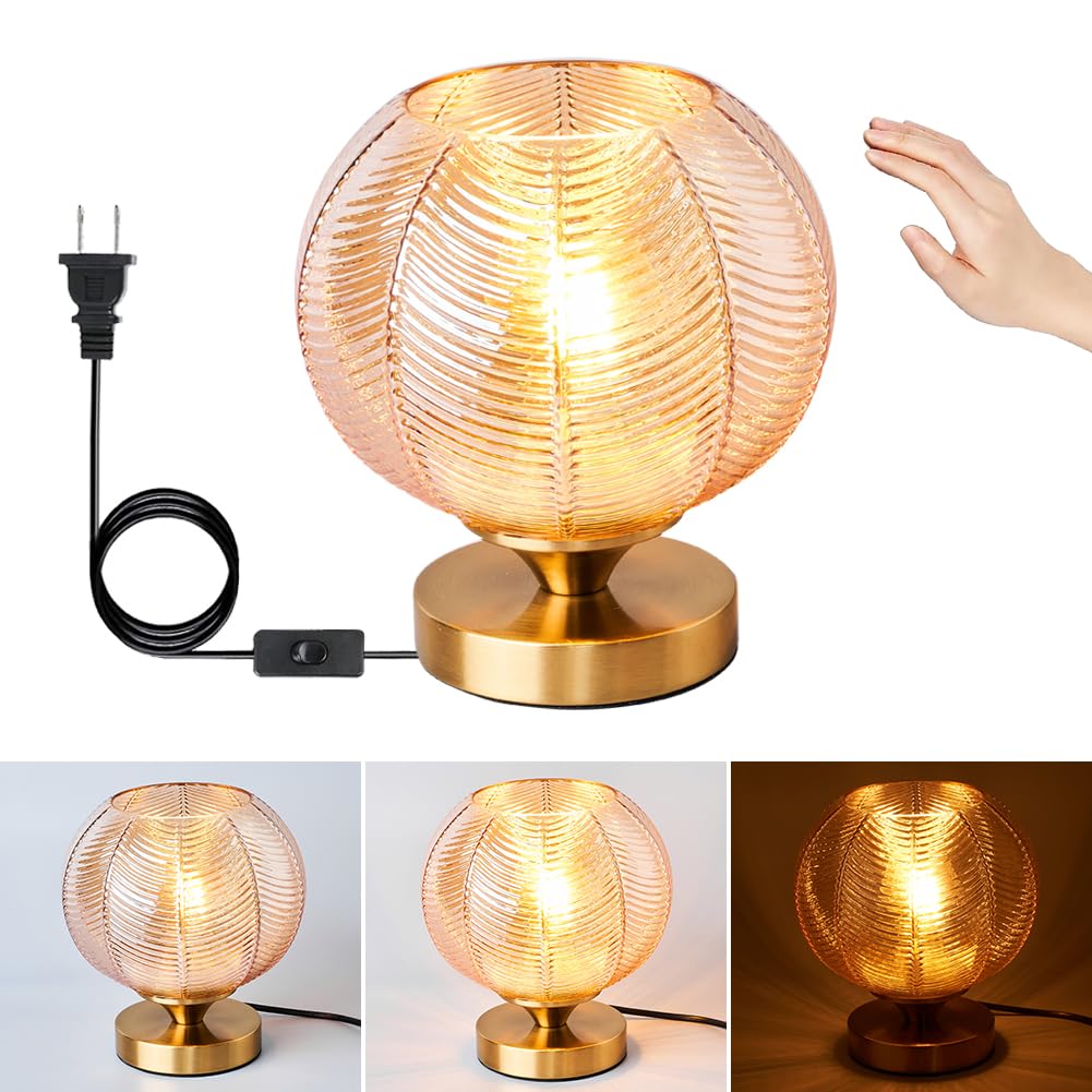 Mid-Century Modern Glass Table Lamp 3 Brightness Levels Dimmable Touch Control Desk Lights with Plug in Cord On/Off Switch, Globe Decor Nightstand Lamps for Bedroom Living Room Office (Amber)