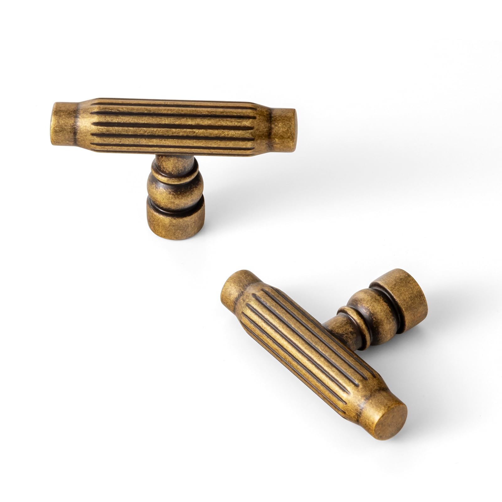 Goo-Ki 6 Pack ​​Antique Brass Cabinet T-Bar Knob - Vintage Vertical Groove Textured Grip for Kithcen Drawers & Cupboard
