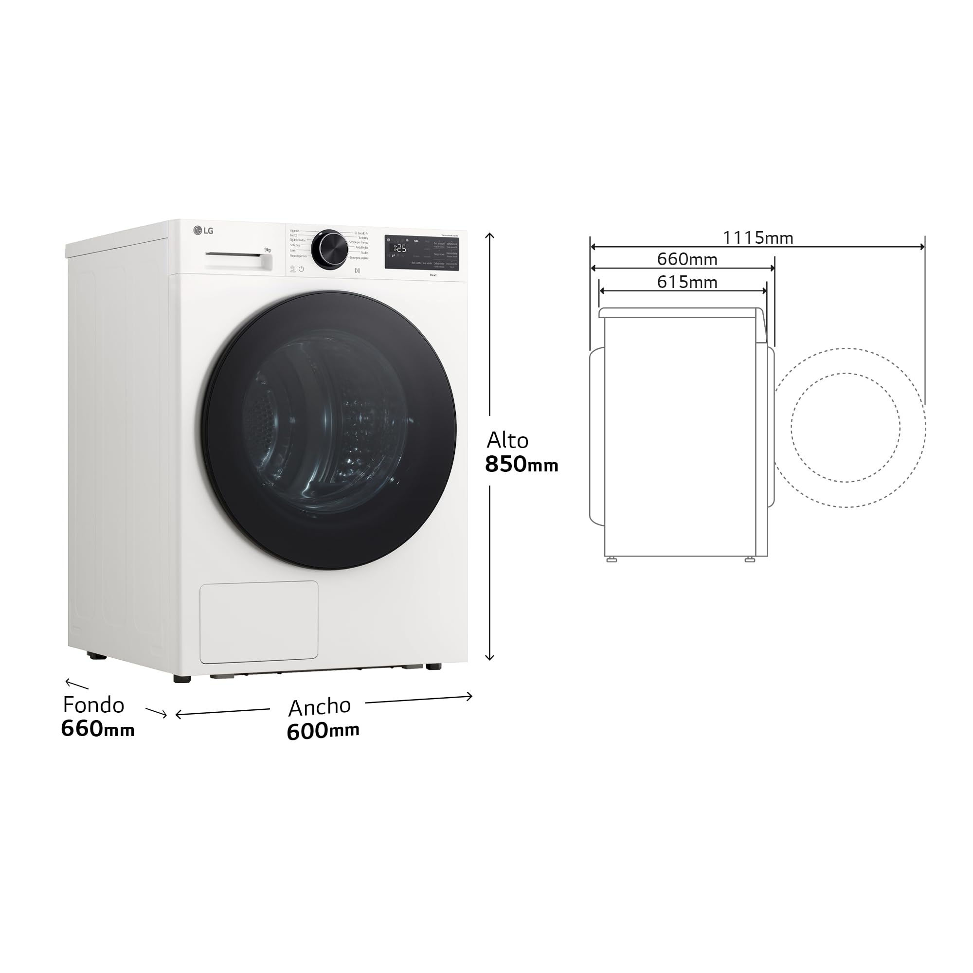 LG RHX5009TLB - Secadora con Inteligencia Artificial 9kg, Bomba de Calor Dual Inverter, Eficiencia Clase B, Serie 500, Tecnología AI Dry, Eco Hybrid, Conectividad Wi-Fi ThinQ, Blanco