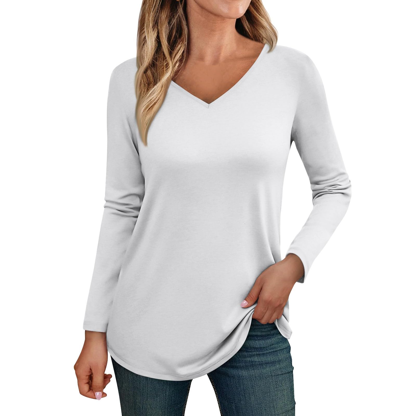 Camicette Donna Divertente Manica Lunga Nubilato Taglia Grossa Autunno Tinta Unita Tops Leggero V Neck Sottile