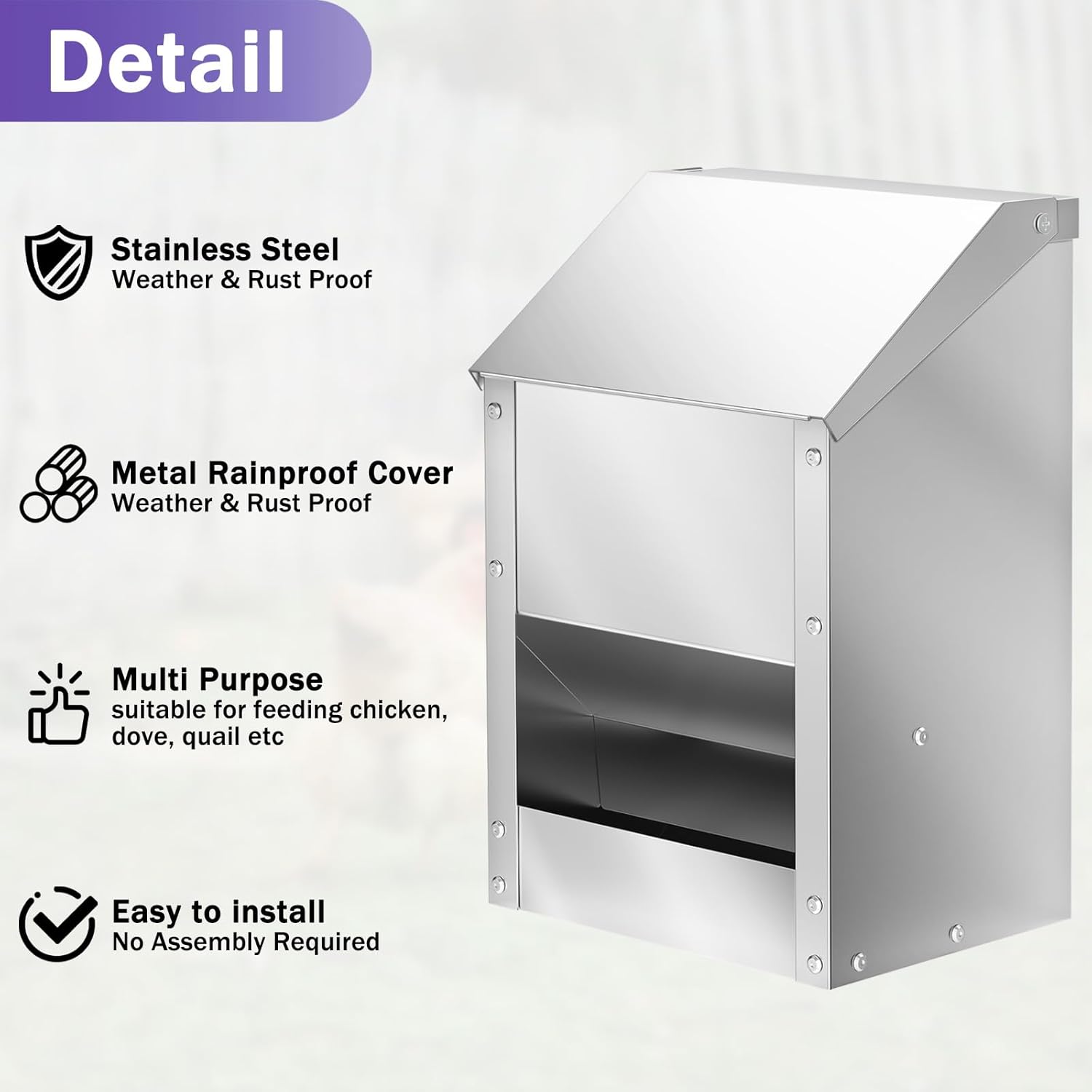 Stainless Steel Chicken Feeders 12 Lbs No Waste Poultry Feeder with Lid Weatherproof Metal Hanging Chicken Feeder, Coop Food Dispenser No Waste for Chicken & Duck