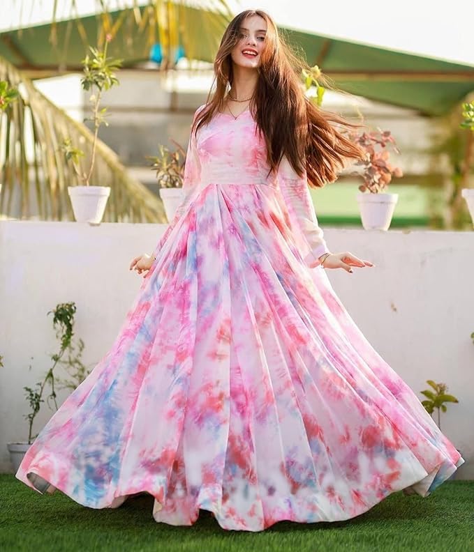 Image of DIGAMBARA Digital Floral Printed Georgette Anarkali Gown for Women, Ethnic Wear, Maxi Length Gown, Round Neck Half Sleeve, Perfect for Festival, Party and Wedding, Pink