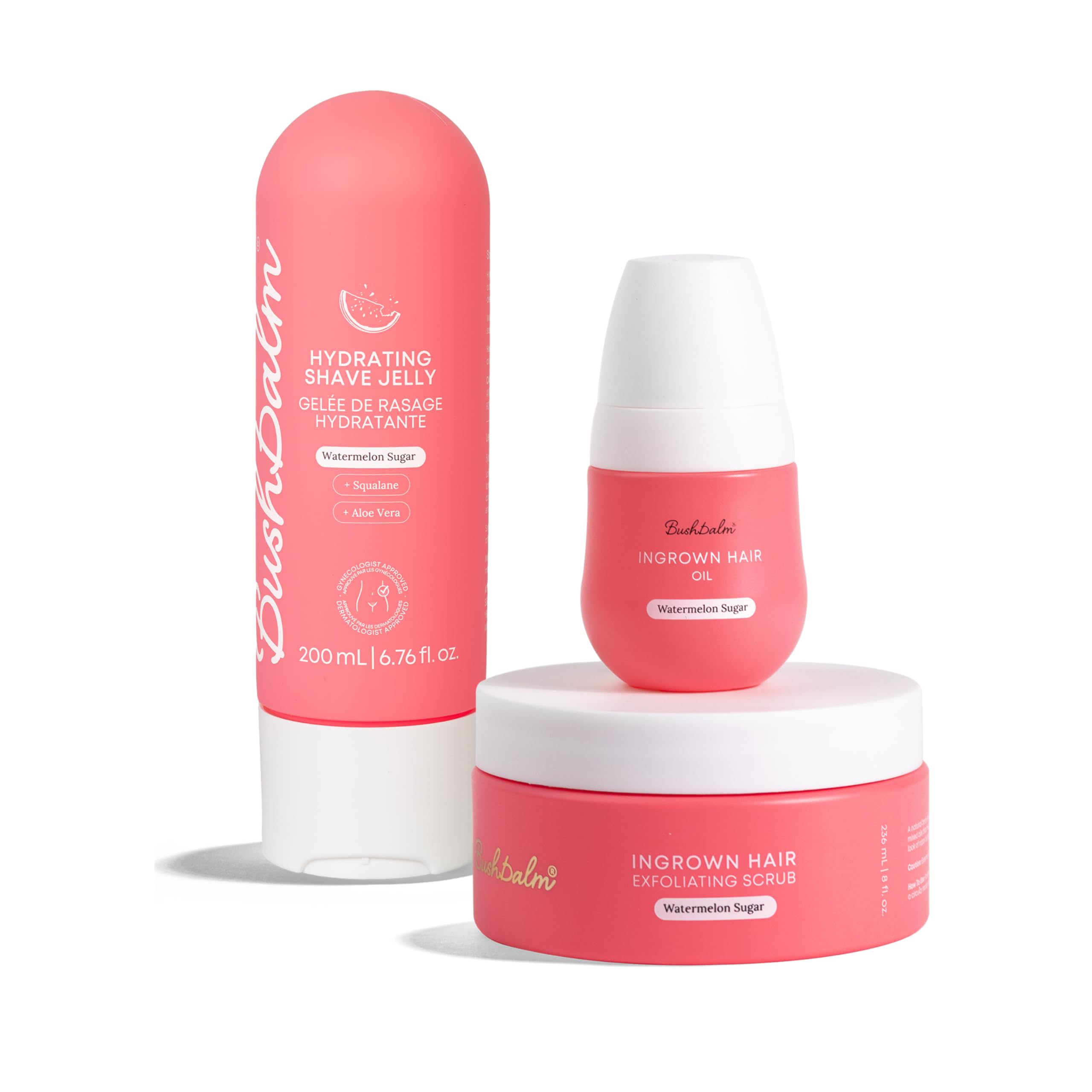 Bushbalm 3-Step Shaving Routine to Reduce Razor Bumps - Watermelon Sugar | Ingrown Hair and Smoothing Pre/Post-Shave Care. Incl. Shave Jelly 200ml,