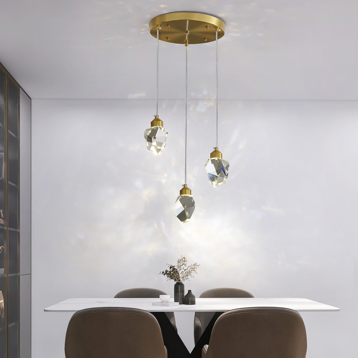 Moderna Lampada A Sospensione In Cristallo, Lampada A Sospensione In Cristallo A Led A 3 Colori, Per Cucina Isola Camera Da Letto Soggiorno Illuminazione Sala Da Pranzo (Base Rotonda A 3 Teste)