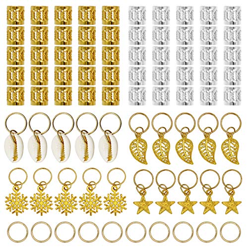 Beayuer 80 Pieces Hair Beads for Braids Hair Jewelry Rings Aluminum Hair Accessories Dreadlocks Metal Hair Cuffs Decorations Pendants for Passion Twist Crochet Braiding Hair (80 Pcs Gold and Silver)