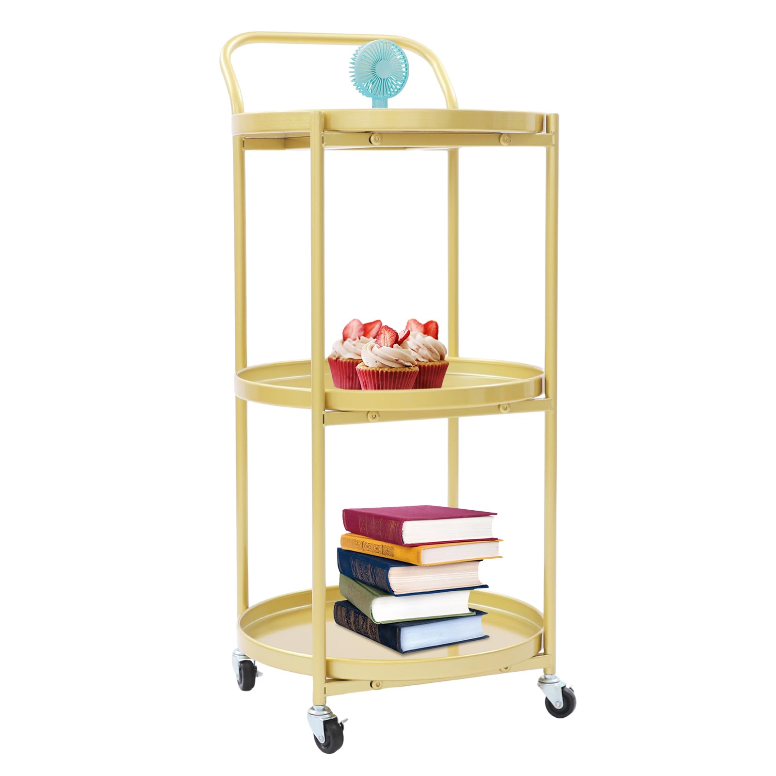 3-Shelf Gold Serving Trolley Rolling Utility Cart for Indoor Serving and Storage, Stylish and Practical Rolling Bar Cart for Home, Office, and Catering Use