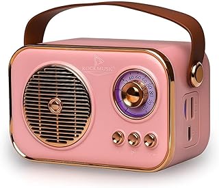 Rock Music Vintage Retro Bluetooth Speaker, Black and Rose Gold, 10W RMS, 8H Battery Life, Type-C Charging, Portable with AUX and USB Input (Pink)