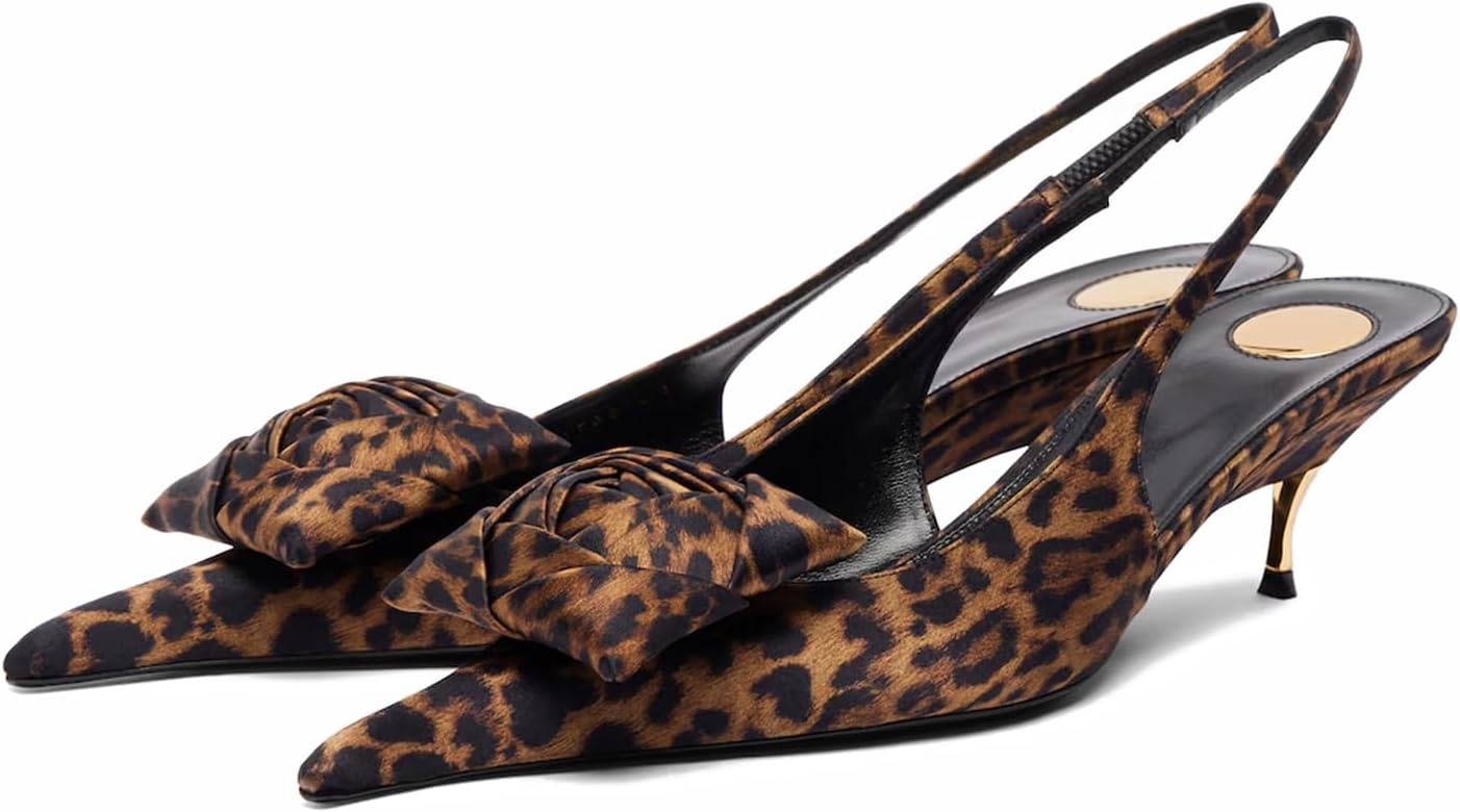 Kitten Heel Slingbacks for Women Satin Flower Pointed Toe Gold Low Heel Pumps Ankle Strap Backless Heels Sexy Dressy Party Work Shoes