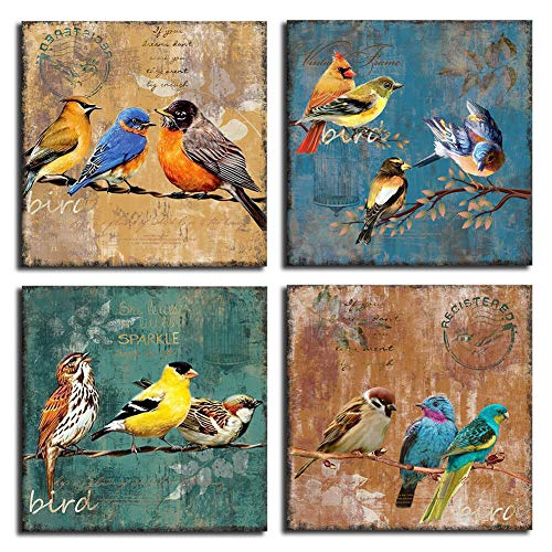 Bird Canvas Wall Art For Bedroom 14X14 4 Pieces Rustic Wall Decor Animal Picture Framed Artwork Vintage Theme Prints Paintings Ready To Hang For Home Bathroom Kitchen Office Decorations #TOP6