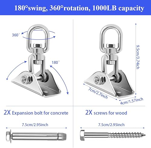 Miniatura 3 de Kit colgante de hamaca con muelle oscilante, ganchos de suspensión de capacidad de 1000 libras, perchas de columpio resistentes con rotación de 360,