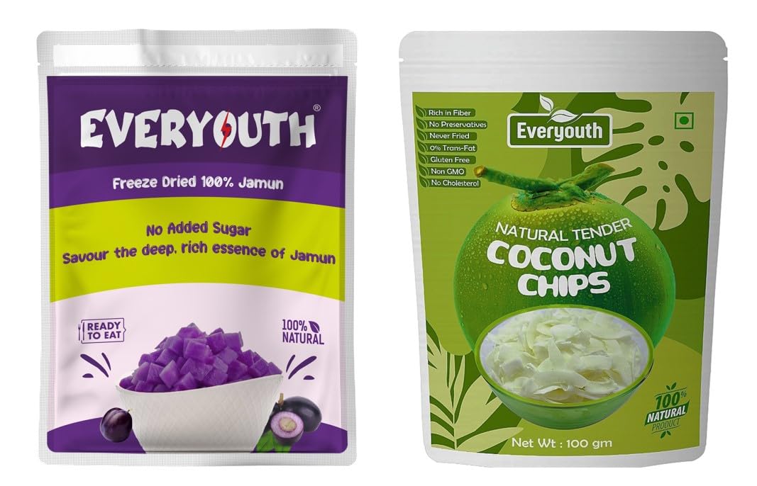 EVERYOUTH Natural Tender Coconut Chips 100 gm Pack & Freeze Dried Jamun Cubes 25 gm Pack, Export Quality, Ready To Eat Jamun, Pack of 2, Rich in Fiber, No Preservatives, Never Fried (B0CYCN743W) Amazon Price History, Amazon Price Tracker