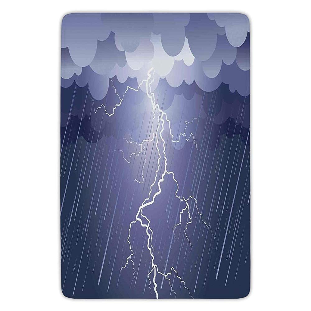 XIAOYI Bathroom Bath Rug Kitchen Floor Mat Carpet,Home Decor,Lightning Strike Thunderstorm in Air at Dark Night Rainy Electric Force Flashes Image,Blue,Flannel Microfiber Non-slip Soft Absorbent